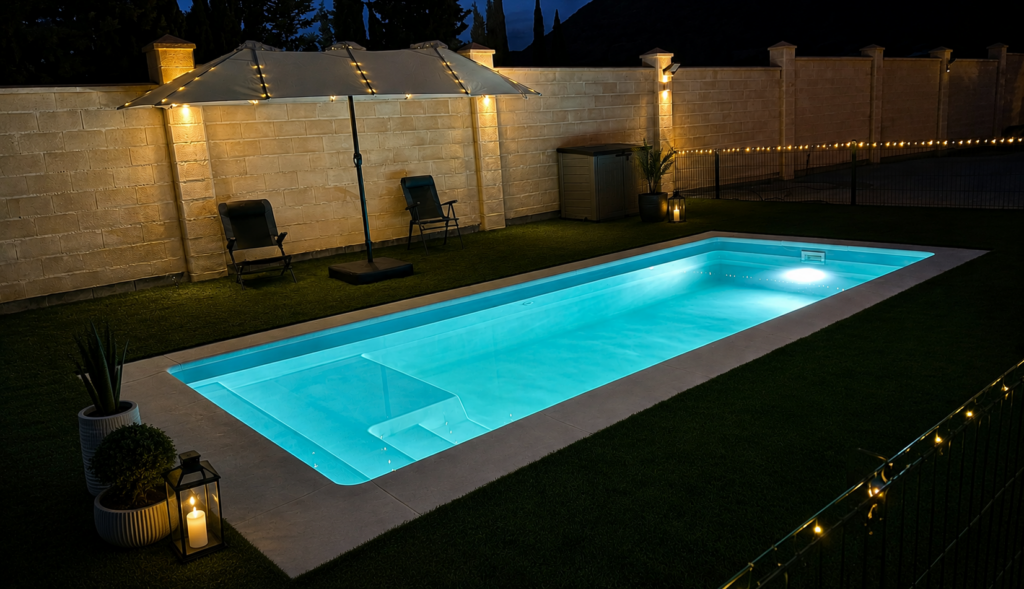 La piscina de poliéster Benidorm con playa integrada ofrece un diseño moderno, acceso cómodo e iluminación LED para disfrutar de un espacio exterior elegante, funcional y preparado para cualquier momento del día