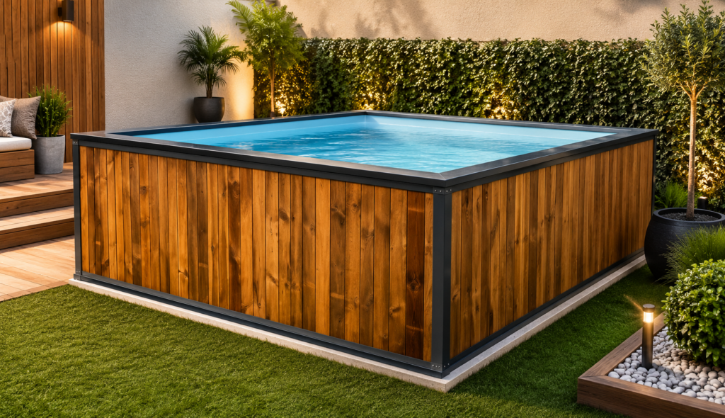 Piscina de Madera, ideal para jardines amplios que buscan un toque cálido y rústico. Además de su fácil instalación.