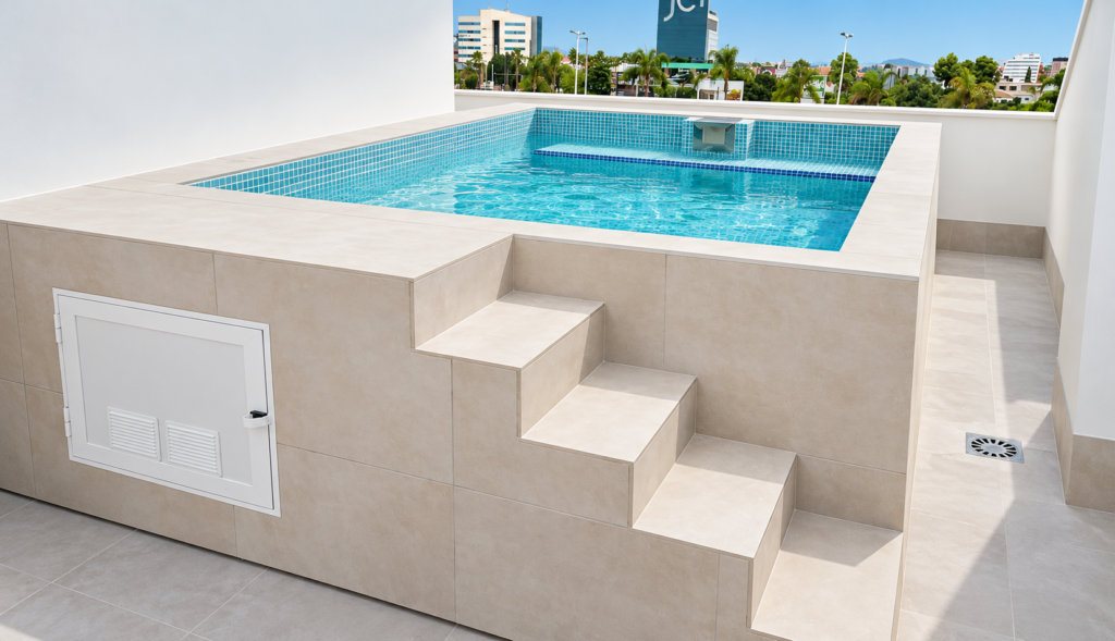 Piscina elevada con vistas urbanas