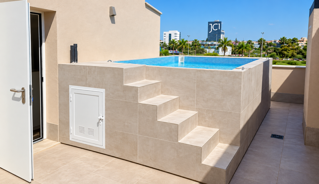 Piscina elevada en terraza moderna