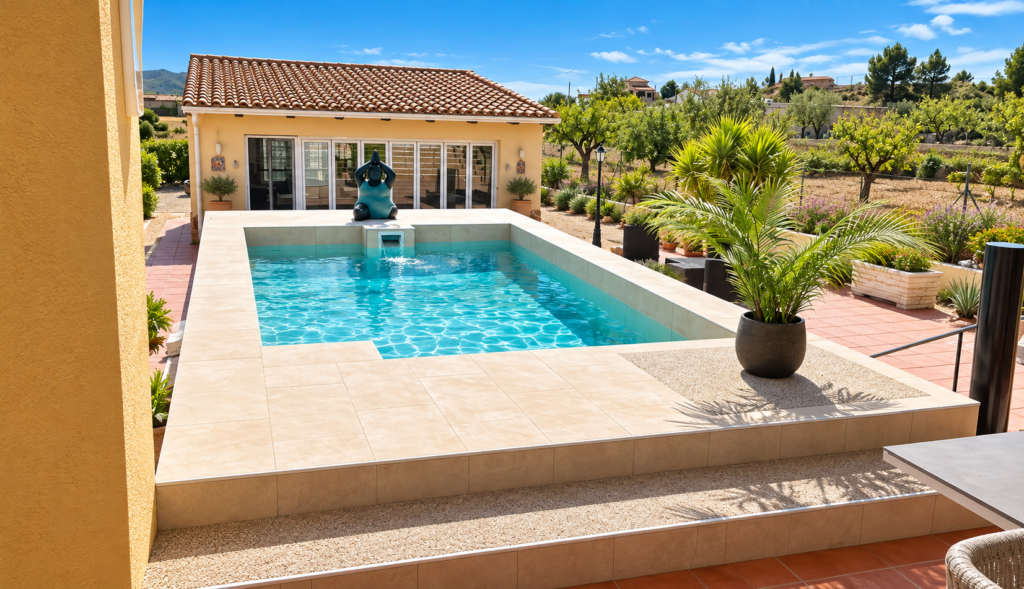 Piscina mediterránea con jardín soleado